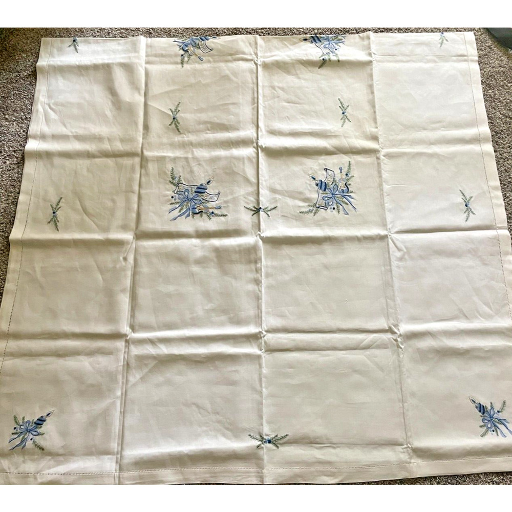 Hand Embroidered Table Cloth & 12 Napkins Vintage 100" x 55" Blue Candle Fir NEW